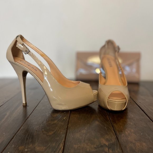 Guess Tan Slingback Heels Size 9 with Matching Tan Clutch - Picture 3 of 5